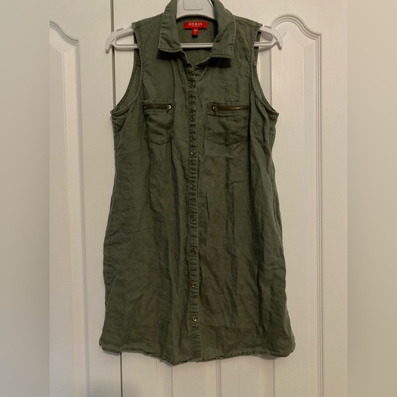 Guess Dresses & Skirts - Guess 100% linen Army Green Sleeveless Collared Mini Dress